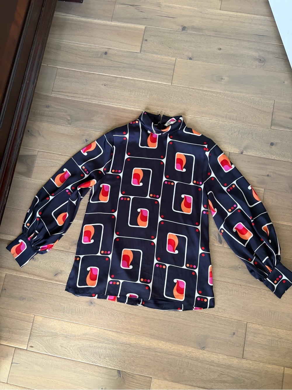 Zara High-Neck Satin-Effect Geometric Print Blouse Small